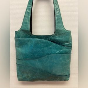 HLaska Aqua Blue Green Leather Shoulder Bag Tote Bag
